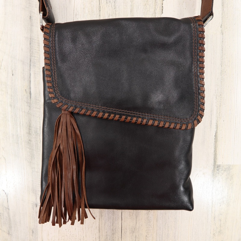 ili New York Crossbody Bag Black Genuine Leather Flap Zip Organizer